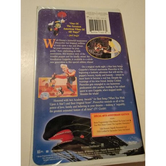 PINOCCHIO - VHS - Clam Shell Cover - Walt Disney's 60th Anniversary - Picture 2 of 4